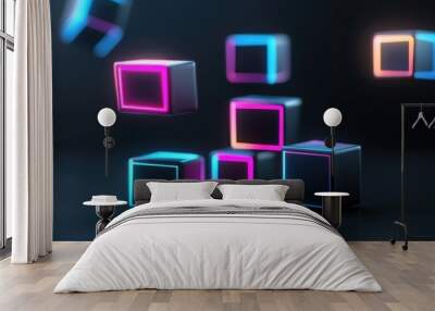 Colorful glowing cubes in a dark environment, showcasing modern design and creativity. Ideal for tech and abstract themes. Wall mural