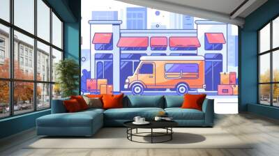 Colorful illustration of a delivery van in front of a store with packages, representing logistics and commerce in an urban cityscape. Wall mural