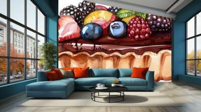 Delicious chocolate tart topped with fresh berries and mint, perfect for dessert lovers and special occasions. Wall mural