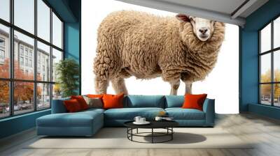 Portrait of a fluffy sheep standing on a white background. The woolly animal is looking directly at the camera. Wall mural