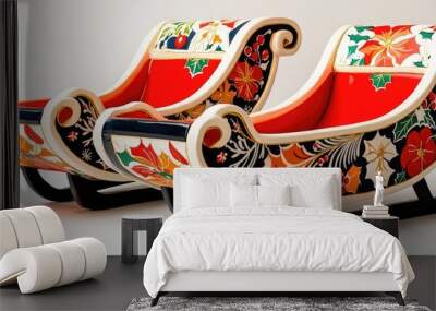 Two beautifully decorated traditional sleighs featuring vibrant floral designs, showcasing intricate craftsmanship and a festive spirit. Wall mural