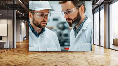 Two engineers in safety gear collaborating on a project in a modern manufacturing facility, ensuring quality and precision. Wall mural