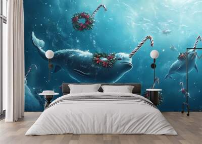 Narwhals swimming in icy arctic waters with candy canes and Christmas wreaths while snow falls from a wintry sky holiday magic in the sea  Wall mural