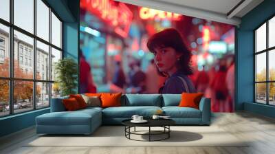 Portrait of Young Woman in Urban Night Scene with Neon Lights Wall mural