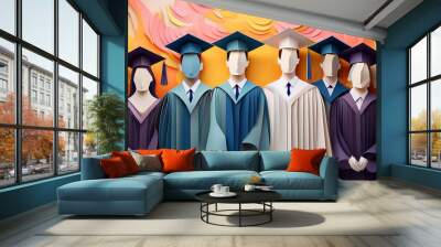 Students in graduation gown made of collage magazine paper art on pink and orange paper Wall mural