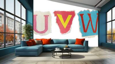 U, V and W alphabets on torn colorful paper . Ransom note style letters. Wall mural