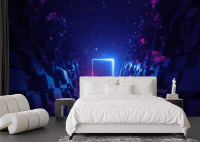 3d abstract neon background, glowing rectangular frame in cyber space, fantastic scene in virtual reality, road between walls of blocks under the night sky Wall mural