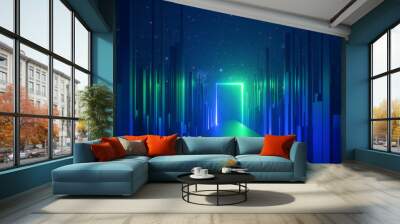 3d abstract neon background, glowing rectangular portal, vertical lines in cyber space, urban scene in virtual reality, empty road in fantastic emerald city, skyscrapers under the night sky Wall mural