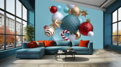 3d Christmas ornaments levitating. Red blue white glass balls, candy cane, golden stars isolated on blue background. Arrangement of levitating objects. Winter holiday clip art. Wall mural