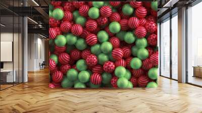 3d illustration, abstract red green Christmas balls, kids playground, seasonal holiday background, bonbons Wall mural