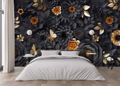 3d render, abstract art deco background with black and gold paper flowers and leaves, floral botanical wallpaper Wall mural