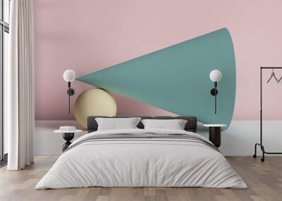 3d render, abstract background, cone, ball, primitive geometric shapes, pastel color palette, simple Wall mural