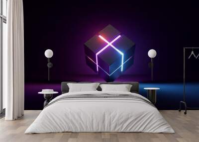 3d render, abstract background of cubic box with glowing neon lines. Glowing object inside the dark room. Virtual reality. Futuristic minimalist wallpaper Wall mural