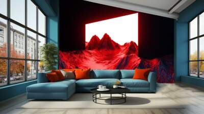 3d render, abstract background with geometric shape portal and surreal landscape with red mountains. Fantastic wallpaper Wall mural