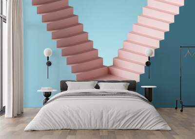 3d render, abstract background with steps and staircase, in pink and blue pastel colors. Architectural design elements. Wall mural