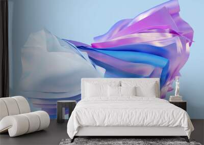 3d render, abstract background with waving textile and cloth, fashion wallpaper with fluttering fabric layers, white pink blue gradient Wall mural