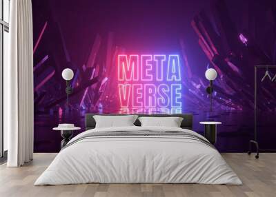 3d render, abstract fantastic background with cosmic landscape with crystals and Metaverse word glowing with neon light Wall mural