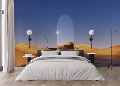 3d render, abstract fantastic background. Desert landscape with sand water and mirror arches under the clear blue sky Wall mural