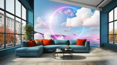 3d render, abstract fantasy background. Surreal fantastic landscape. Blue sky, white fluffy clouds, neon round linear frame, calm water, pink sand dunes. Virtual reality paradise wallpaper Wall mural