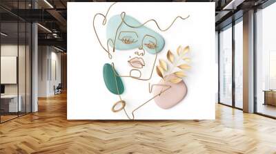 3d render, abstract fashion woman portrait. Female face made of golden wire, geometric shapes and leaf, simple linear art isolated on white background Wall mural