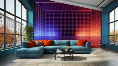 3d render, abstract futuristic background, empty virtual room, cyber space with grid, glowing with violet red neon light Wall mural