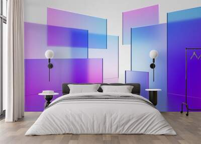 3d render, abstract geometric background, translucent glass with violet pink blue gradient, simple square shapes Wall mural