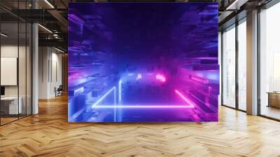 3d render, abstract geometric background with shapes and neon lines glowing in ultraviolet light Wall mural