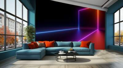 3d render, abstract geometric line glowing with colorful neon light over black background Wall mural