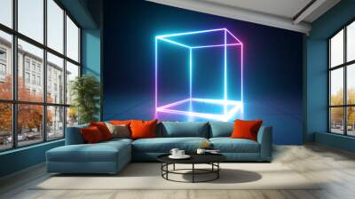 3d render, abstract geometric ultraviolet background, blue neon cube perspective view, cubic cage stand on the empty stage Wall mural