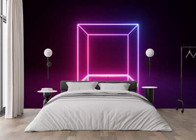 3d render, abstract geometric ultraviolet background, neon light glowing cube, square frame inside the dark empty room Wall mural