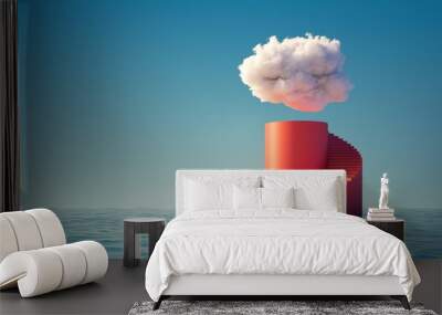 3d render, abstract minimal background. White cloud in the blue sky above the red cylinder podium with steps, empty pedestal and water. Simple scene for product presentation Wall mural