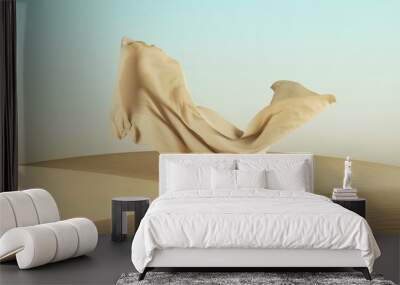 3d render, abstract modern minimal fashion background with sand dunes and falling drapery, desert landscape with flying fabric Wall mural