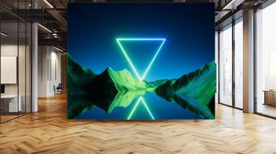 3d render, abstract neon background with triangular geometric frame and extraterrestrial landscape under the night sky. Rocks and water reflection. Futuristic minimalist wallpaper Wall mural