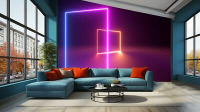 3d render, abstract neon geometric background. Stage laser show illumination. Blank rectangular shapes, square frames, virtual reality with copy space. Glowing neon lines. Minimal futuristic design Wall mural