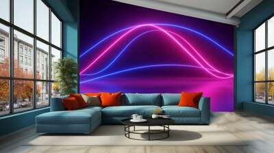 3d render, abstract panoramic background, neon light, laser show, impulse, equalizer chart, ultraviolet spectrum, pulse power lines, quantum energy impulse, pink blue violet glowing dynamic lines Wall mural