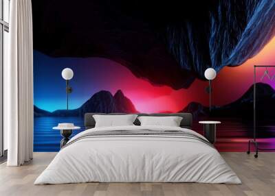 3d render, abstract panoramic background, surreal futuristic landscape with calm water, cliffs, rocks, mountains and dramatic red blue sky. Minimalist horizontal wallpaper Wall mural