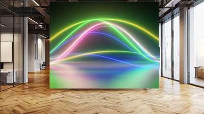 3d render, abstract panoramic background with colorful glowing neon waves, ultraviolet light, equalizer chart, laser show, impulse, pulse power lines Wall mural