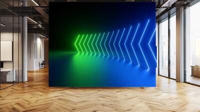 3d render, abstract panoramic green blue neon background with arrows showing left direction Wall mural