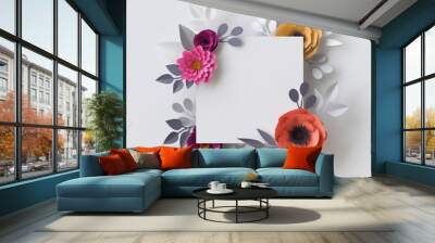 3d render, abstract paper flowers, floral background, blank square frame, greeting card template Wall mural