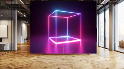 3d render, abstract ultraviolet background, pink violet neon cube perspective view, simple square geometric shape, cubic cage stand inside the dark empty room Wall mural