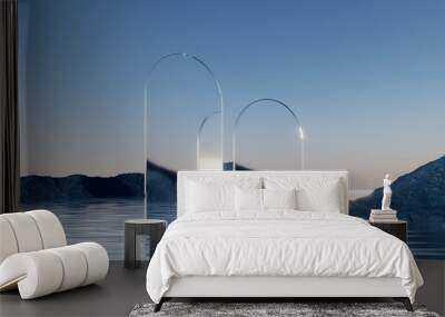 3d render, abstract zen seascape background. nordic surreal scenery with geometric mirror arches, ca Wall mural