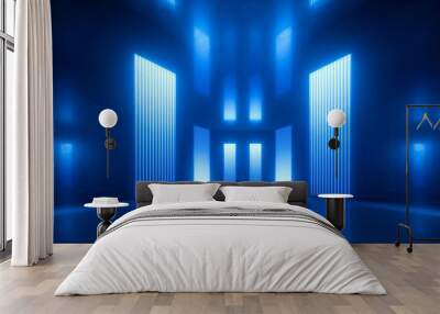 3d render, blue neon abstract background, ultraviolet light, night club empty room interior, tunnel  Wall mural