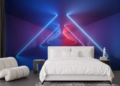 3d render, blue red abstract background, ultraviolet light, laser rays inside corridor, virtual reality empty room, diagonal glowing lines Wall mural