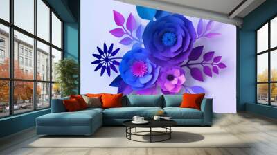 3d render, blue violet neon paper flowers, floral bouquet isolated on white background, botanical wall decor, decorative design Wall mural