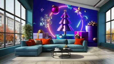 3d render, Christmas neon background with fir tree, gift boxes and festive ornaments. Holiday wallpaper Wall mural