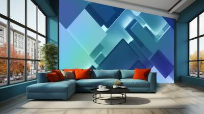 3d render, digital illustration, abstract geometric background, diagonal split blocks, dynamic pattern, blue panel fragments, interior wall decor, flat layers Wall mural