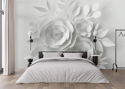 3d render, digital illustration, white paper flowers, wedding floral background, valentine's day Wall mural