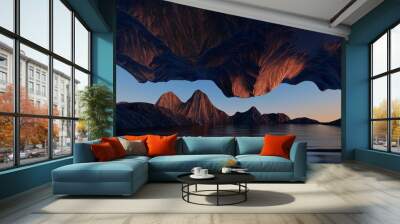 3d render, fantastic sunset landscape panorama with cliffs reflecting in the water. abstract unique  Wall mural