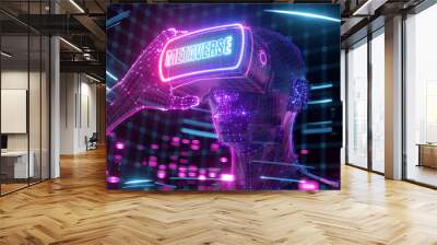 3D render, futuristic neon background. Visualization of a man wearing virtual reality glasses, electronic head device. User interface. Player one ready for the game in cyber space Wall mural