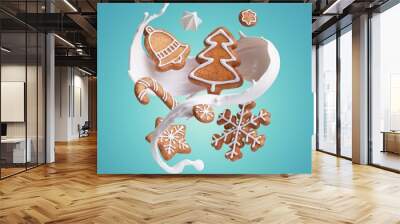 3d render, gingerbread cookies levitate with splashing milk wave isolated on blue background. White splashing liquid wavy jet and treats. Christmas food illustration Wall mural